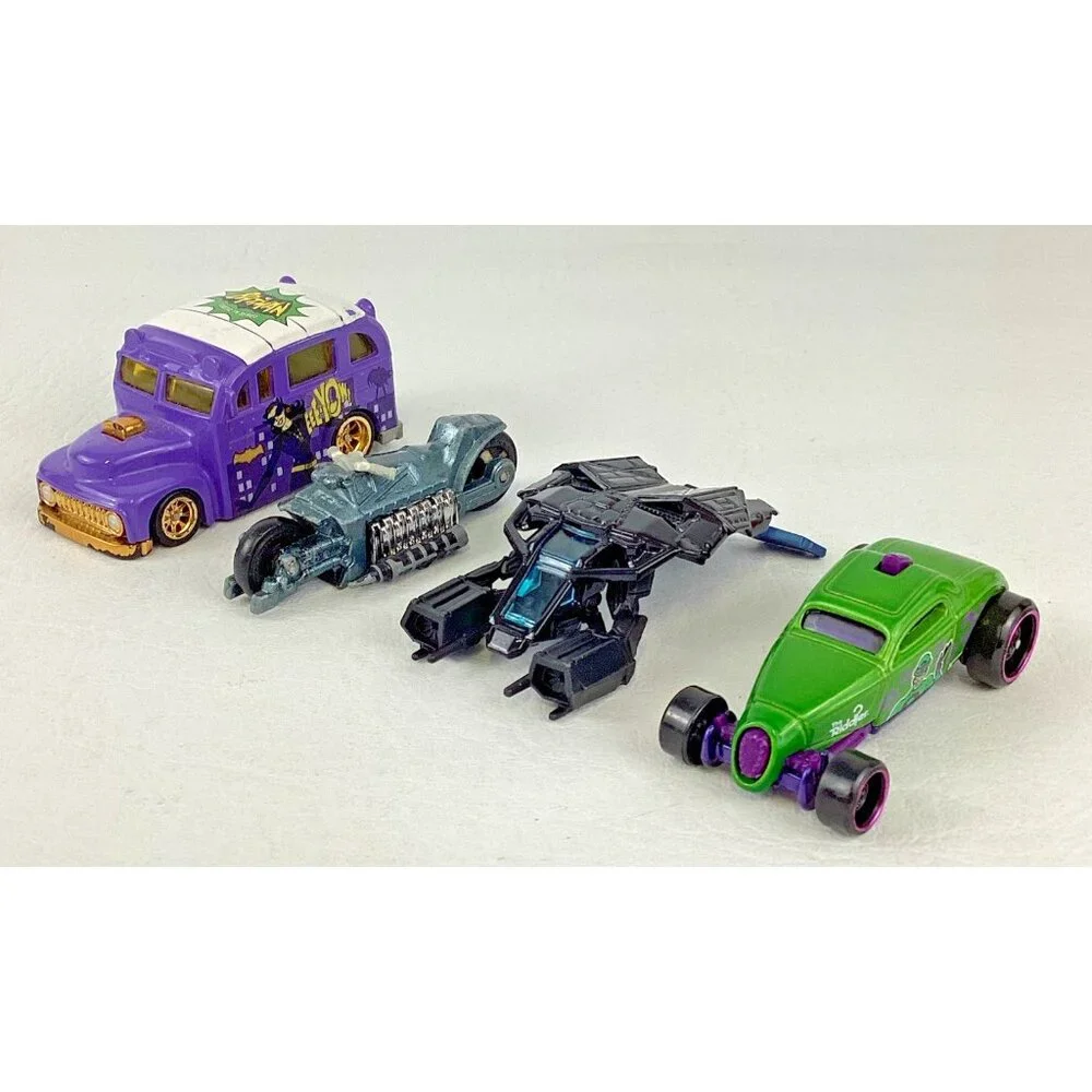 Hot Wheels DC Comics Die Cast Vehicle Lot The Bat Riddler Car Batcycle Bat Bus